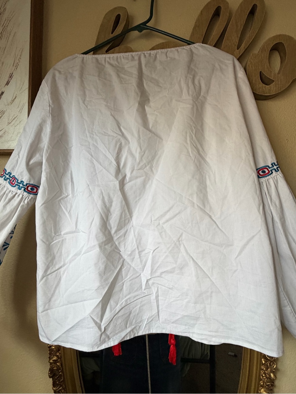 Marc New York White Peasant Blouse with Red Ties and Blue Embroidery - Picture 3 of 5